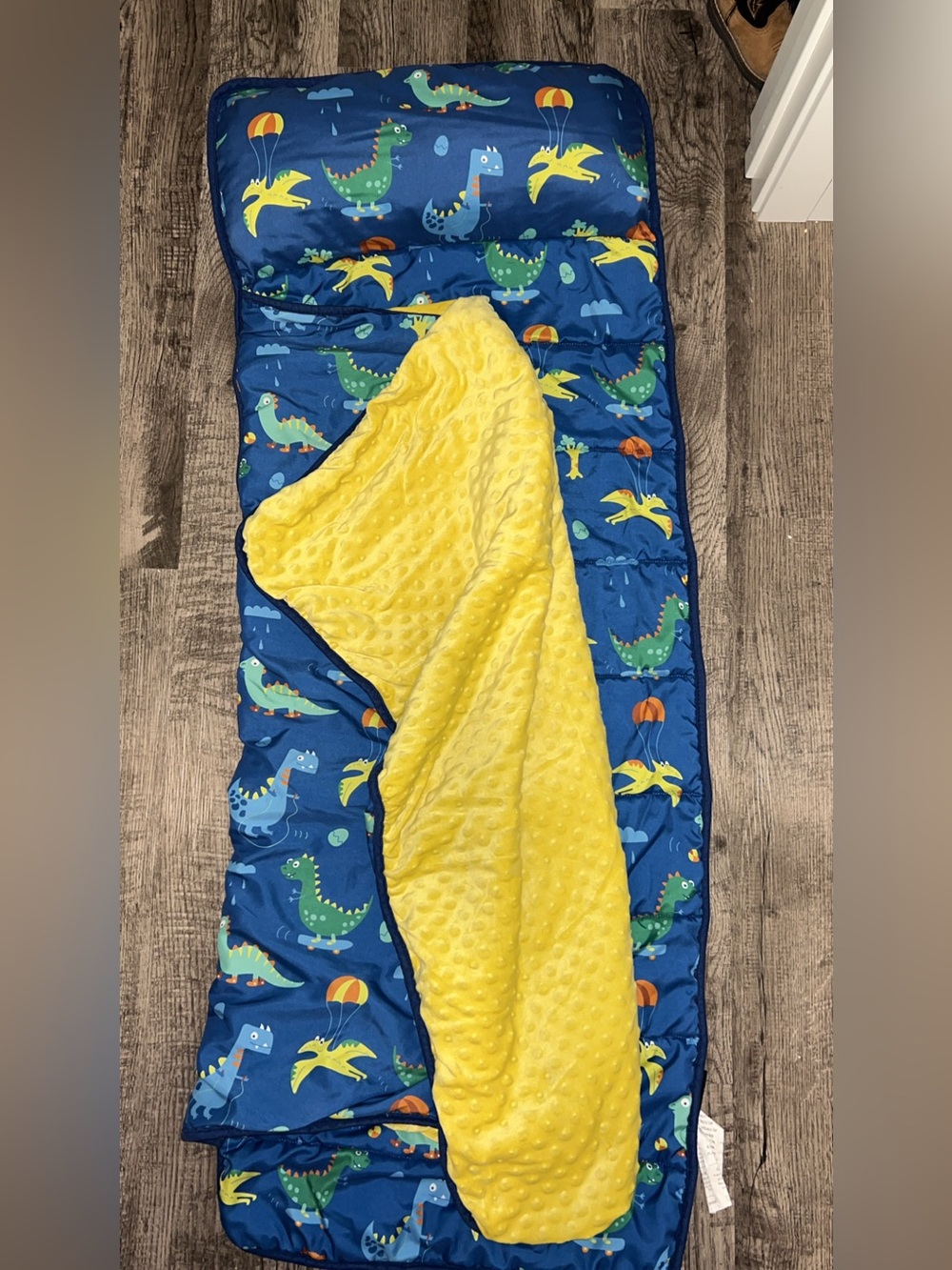 Kids Blue Dinosaur Sleeping Bag with Yellow Lining